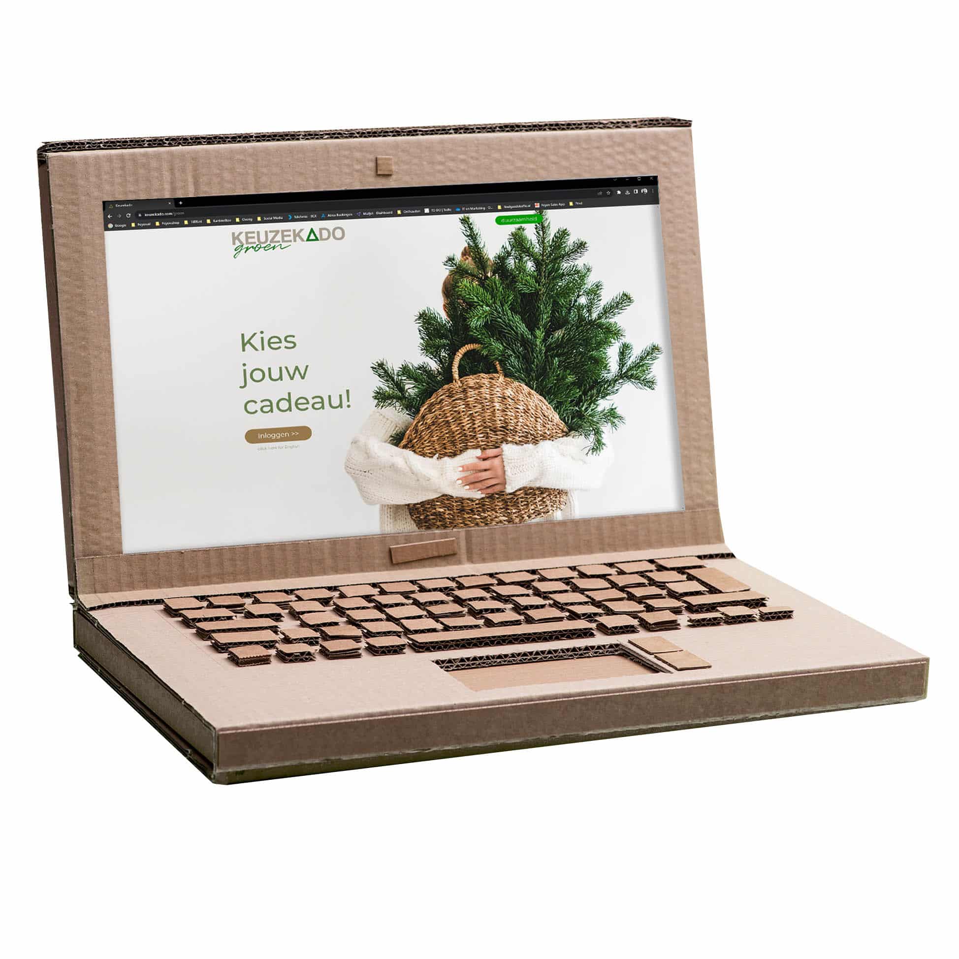 Kartonnen duurzame laptop met een geopende website van Keuzekado Groen