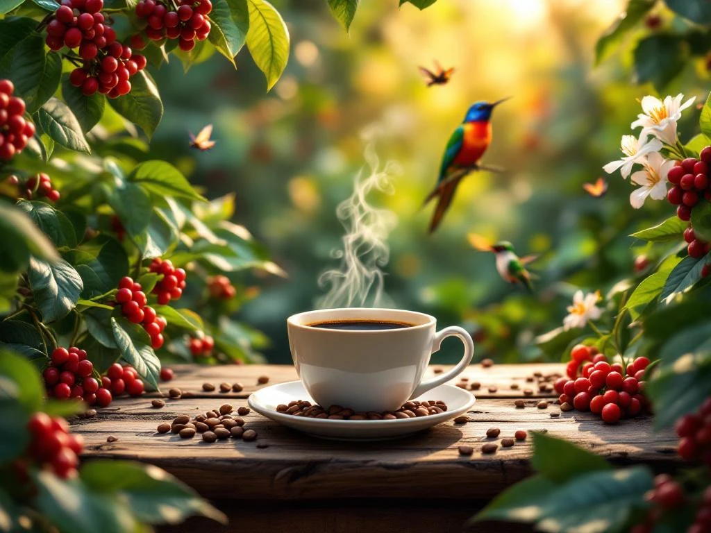 Dampende koffiekop op houten tafel omringd door groene koffieplanten met rode koffiebessen en tropische vogels